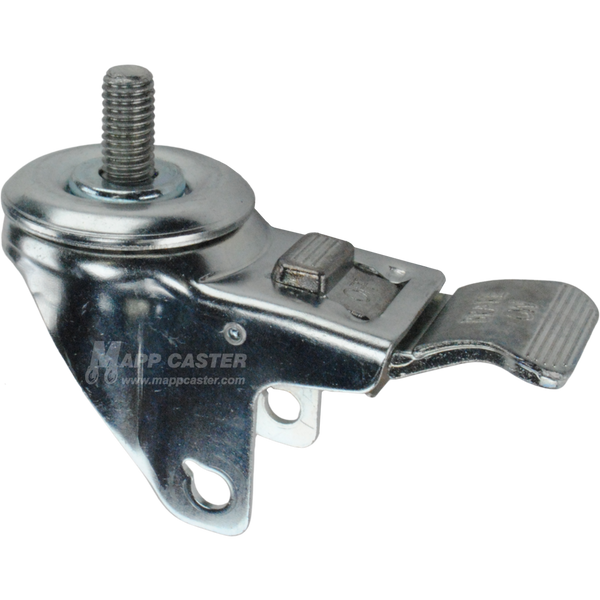 A bright zinc plated swivel caster rig with a total lock brake and a 1/2 inch wide threaded stem, showing a double ball raceway.