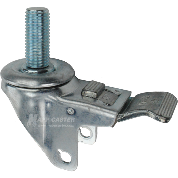 A bright zinc plated swivel caster rig with a total lock brake and a 1-3/4 inch long 20mm threaded stem, showing a double ball raceway.