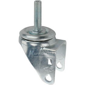 A bright zinc plated swivel caster rig with a 1-3/4-inch long 12 mm threaded stem, showing a double ball raceway.