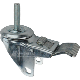 A bright zinc plated swivel caster rig with a total lock brake and a 1-3/4 inch long 12 mm threaded stem, showing a double ball raceway.