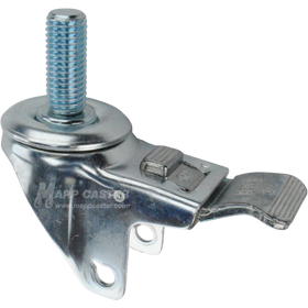 A bright zinc plated swivel caster rig with a total lock brake and a 1-3/4 inch threaded stem, showing a double ball raceway.