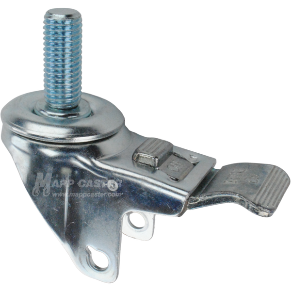 A bright zinc plated swivel caster rig with a total lock brake and a 1-3/4 inch threaded stem, showing a double ball raceway.