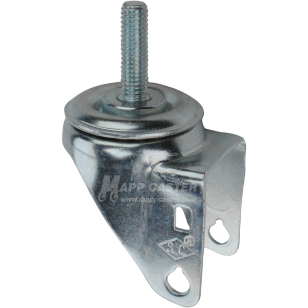 A bright zinc plated swivel caster rig with a 1/2-inch threaded stem, showing a double ball raceway.