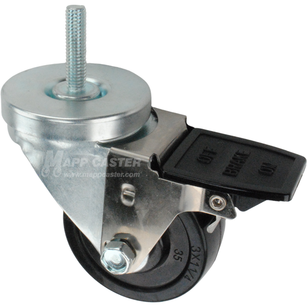 Caster wheel with face contact brake, a 3 inch black soft rubber wheel and 1-1/2 inch metal threaded stem