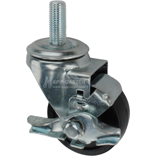 Caster wheel with brake, a black rubber tire and metric metal stem thread