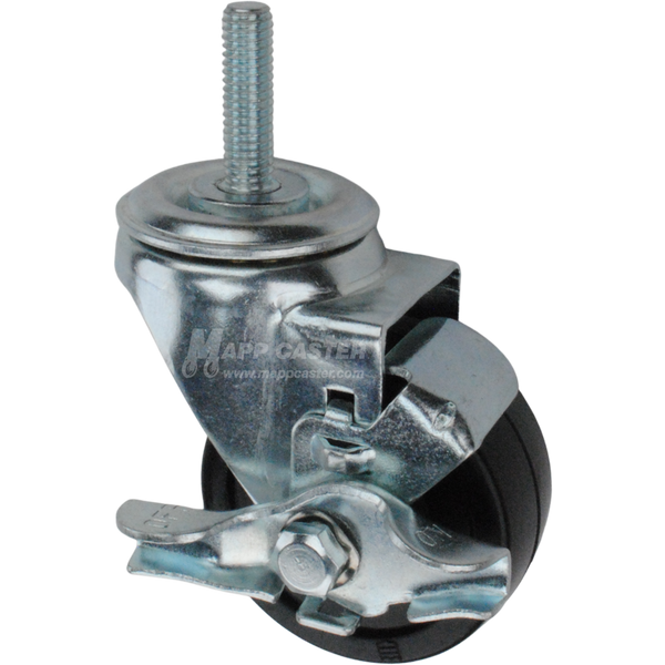 Caster wheel with brake, a black rubber tire and metal stem thread