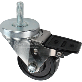 Caster wheel with face contact brake, a 3 inch black soft rubber wheel and 1-1/2 inch metal threaded stem