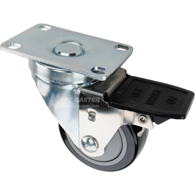 Swivel caster with face contact brake, a 3 inch black polyurethane wheel with ball bearings and O1 metal plate