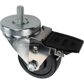 Caster wheel with face contact brake, a 3 inch black soft rubber wheel and 1 inch metal threaded stem