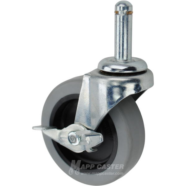 Swivel caster with a brake, 3 inch grey thermoplastic rubber wheel, and 7/16 inch wide grip ring stem. Part # 8PRE3011TPR-B