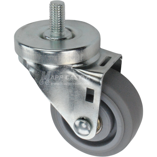 Caster wheel with a grey rubber tire and metal stem thread