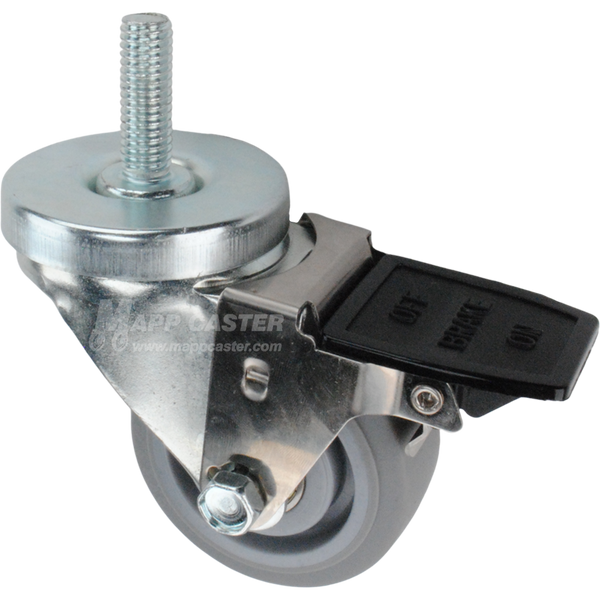 Caster wheel with face contact brake, a 3 inch grey rubber wheel and 1-1/2 inch metal threaded stem