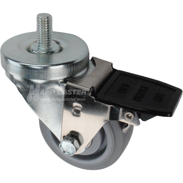 Caster wheel with face contact brake, a 3 inch grey rubber wheel and 1 inch metal threaded stem