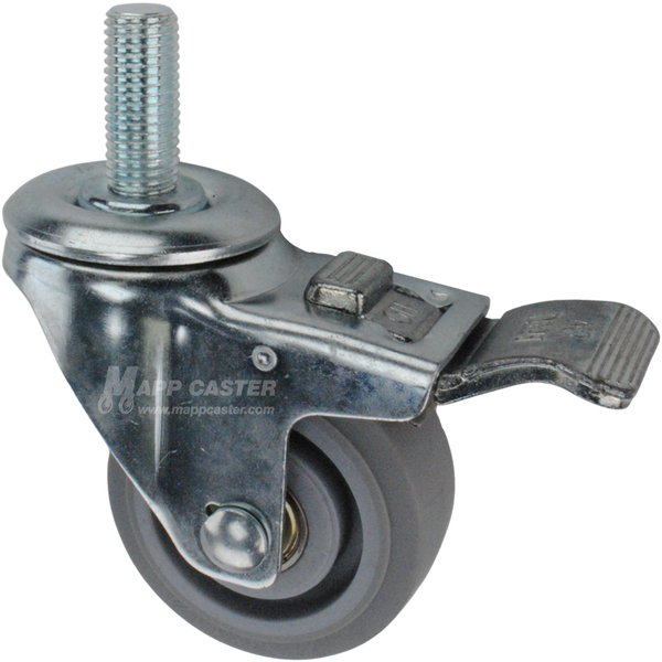 Caster wheel with a total lock brake, a 3 inch grey rubber wheel and 1-1/2 inch long 16mm metal threaded stem