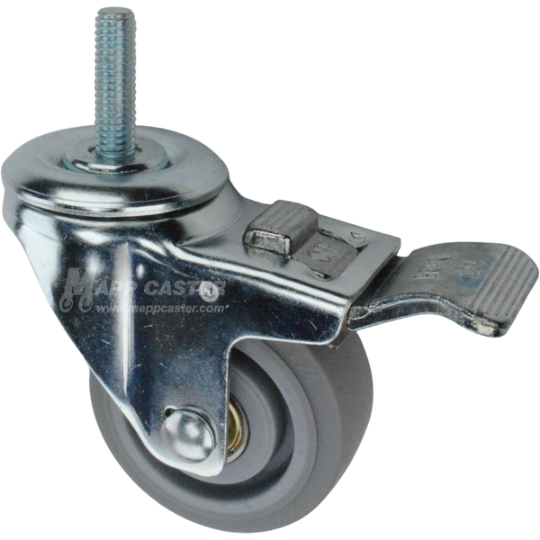 Caster wheel with a total lock brake, a 3 inch grey rubber wheel and 1-1/2 inch metal threaded stem