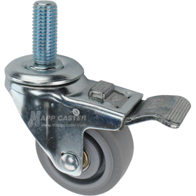 Caster wheel with a total lock brake, a 3 inch grey rubber wheel and 1-3/4 inch metal threaded stem