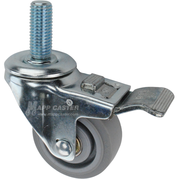 Caster wheel with a total lock brake, a 3 inch grey rubber wheel and 1-3/4 inch metal threaded stem