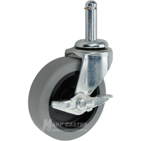 Swivel caster with a brake, 3 inch grey thermoplastic rubber wheel, and 7/16 inch wide grip ring stem. Part # 8PRE3011TPR-B