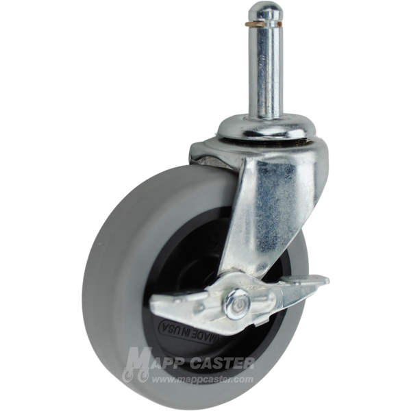 Swivel caster with a brake, 3 inch grey thermoplastic rubber wheel, and 7/16 inch wide grip ring stem. Part # 8PRE3011TPR-B