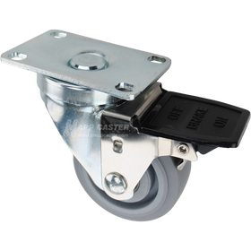Swivel caster with face contact brake, a 3 inch grey thermoplastic rubber wheel and O1 metal plate