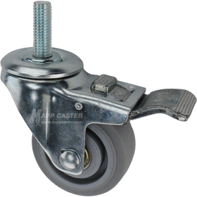 Caster wheel with a total lock brake, a 3 inch grey rubber wheel and 1-1/2 inch metal threaded stem