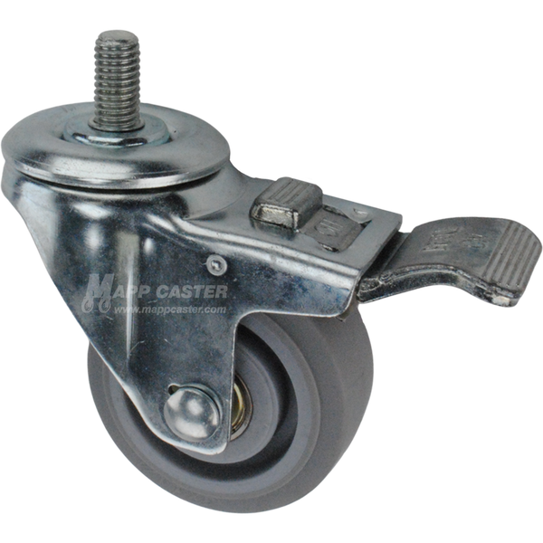 Caster wheel with a total lock brake, a 3 inch grey rubber wheel and 1 inch metal threaded stem