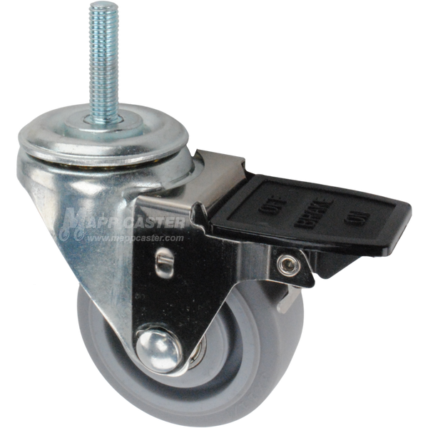 Caster wheel with face contact brake, a 3 inch grey rubber wheel and 10mm threaded metal stem