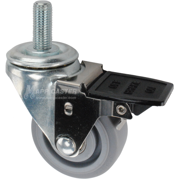Caster wheel with face contact brake, a 3 inch grey rubber wheel and 16mm threaded metal stem