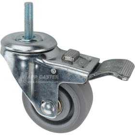 Caster wheel with a total lock brake, a 3 inch grey rubber wheel and 1-1/2 inch long 10mm metal threaded stem