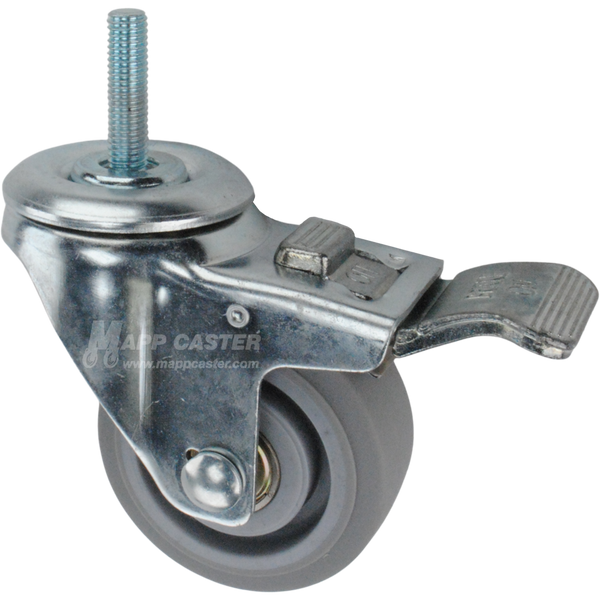 Caster wheel with a total lock brake, a 3 inch grey rubber wheel and 1-1/2 inch long 10mm metal threaded stem