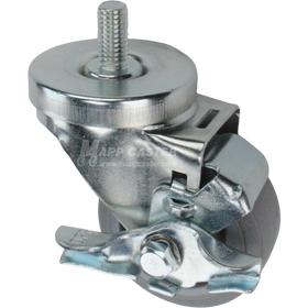 Caster wheel with brake, a grey rubber tire and metal stem thread