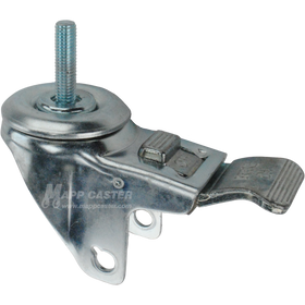 A bright zinc plated swivel caster rig with a total lock brake and a 1-1/2 inch long 10 mm threaded stem, showing a double ball raceway.