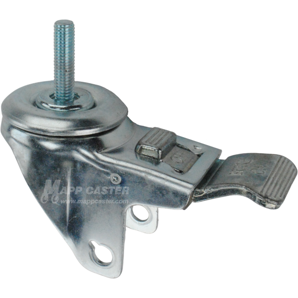 A bright zinc plated swivel caster rig with a total lock brake and a 1-1/2 inch long 10 mm threaded stem, showing a double ball raceway.