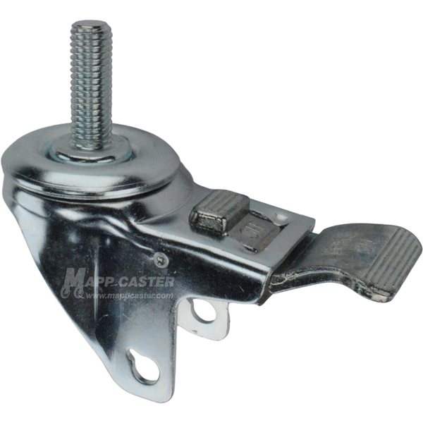 A bright zinc plated swivel caster rig with a total lock brake and a 5/8 inch wide threaded stem, showing a double ball raceway.