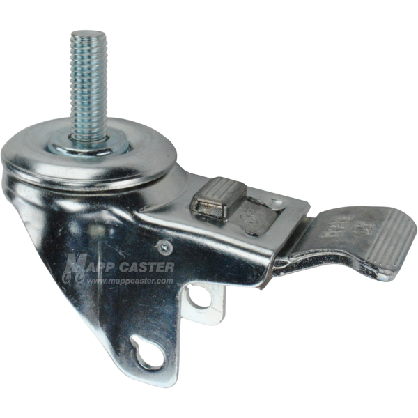 A bright zinc plated swivel caster rig with a total lock brake and a 1/2 inch wide threaded stem, showing a double ball raceway.