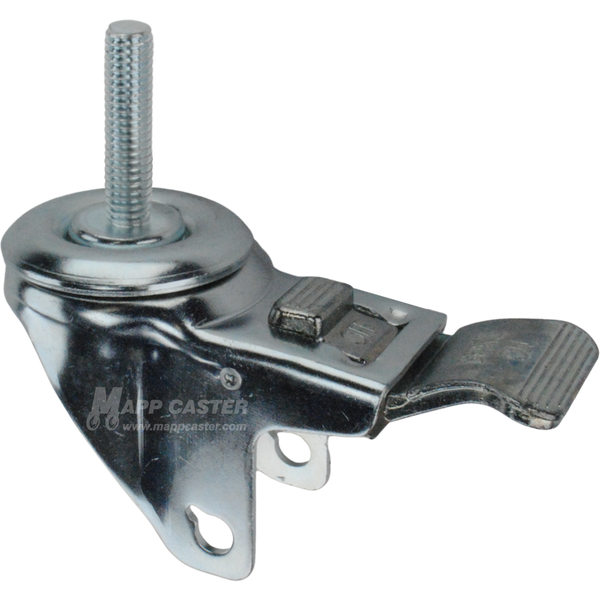 A bright zinc plated swivel caster rig with a total lock brake and a 3/8 inch wide threaded stem, showing a double ball raceway.