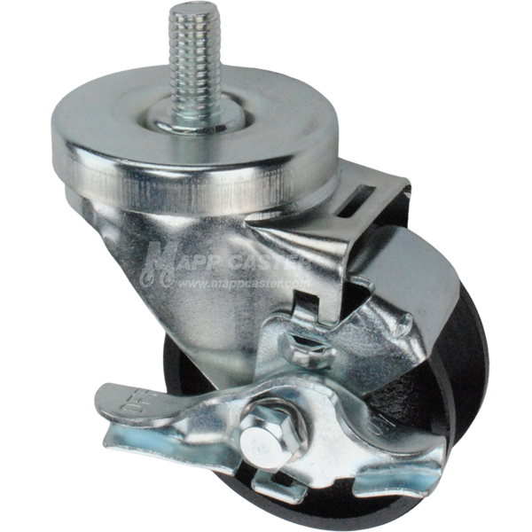 Caster wheel with brake, a silver steel tire and metal stem thread