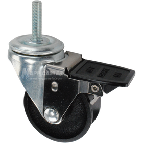 Caster wheel with face contact brake, a 3 inch black cast iron v-groove track wheel and 12mm threaded metal stem