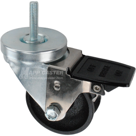 Caster wheel with face contact brake, a 3 inch black cast iron v-groove track wheel and 1-1/2 inch metal threaded stem