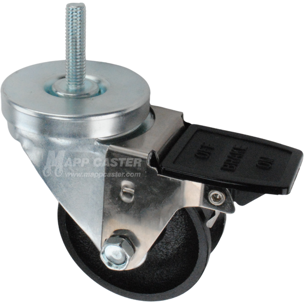 Caster wheel with face contact brake, a 3 inch black cast iron v-groove track wheel and 1-1/2 inch metal threaded stem