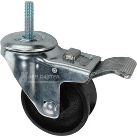 Caster wheel with a total lock brake, a 3 inch black cast iron v-groove track wheel and 1-1/2 inch long 10mm metal threaded stem