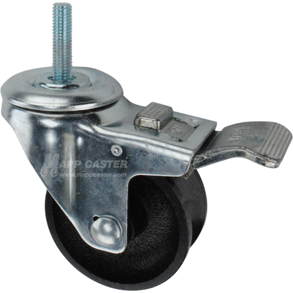 Caster wheel with a total lock brake, a 3 inch black cast iron v-groove track wheel and 1-1/2 inch long 10mm metal threaded stem