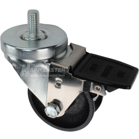 Caster wheel with face contact brake, a 3 inch black cast iron v-groove track wheel and 1-1/2 inch metal threaded stem