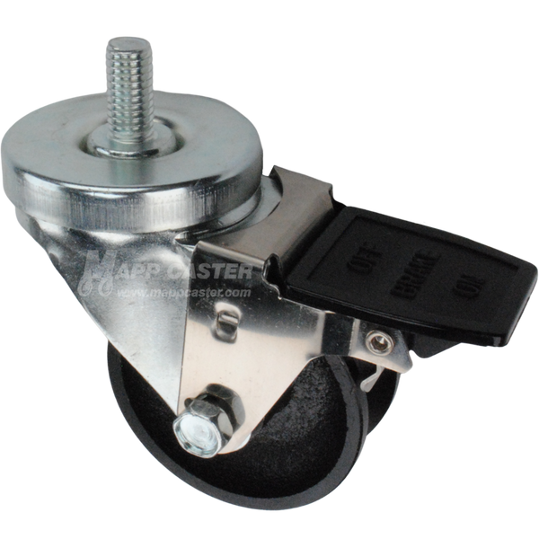 Caster wheel with face contact brake, a 3 inch black cast iron v-groove track wheel and 1-1/2 inch metal threaded stem