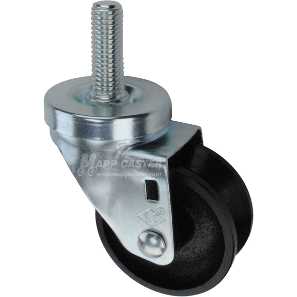 Caster wheel with a black cast iron v-groove tire and metal stem thread