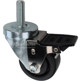 Caster wheel with face contact brake, a 3 inch black plastic wheel and 1-3/4 inch metal threaded stem