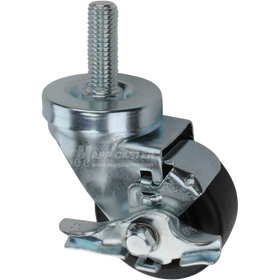 Metal caster plastic wheel with a top lock brake and threaded stem at the top