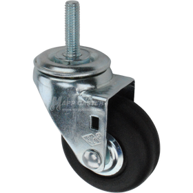 Metal caster wheel with a black neoprene tire with metal threaded stem