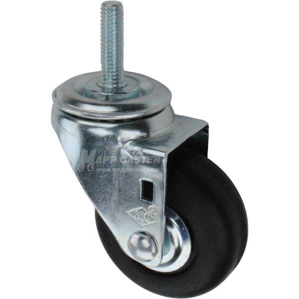 Metal caster wheel with a black neoprene tire with metal threaded stem