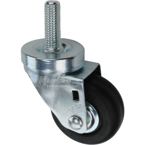 Metal caster wheel with a black neoprene tire with metal threaded stem